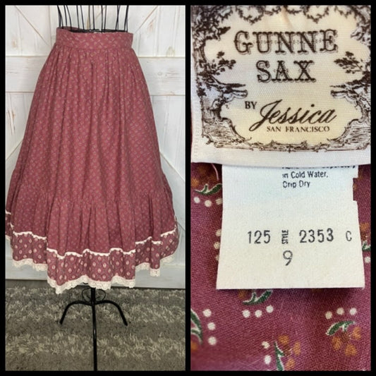 70's Vintage Gunne Sax Jessica's Gunnies Pink White Calico Prairie Midi Skirt 9 *ALTERED HEM