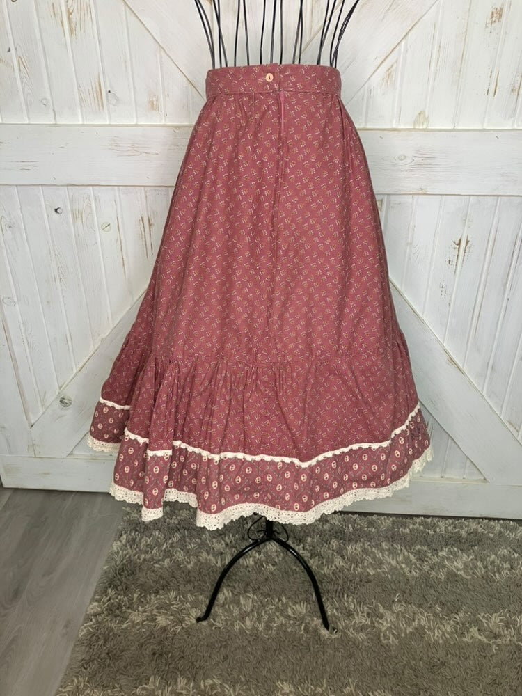 70's Vintage Gunne Sax Jessica's Gunnies Pink White Calico Prairie Midi Skirt 9 *ALTERED HEM