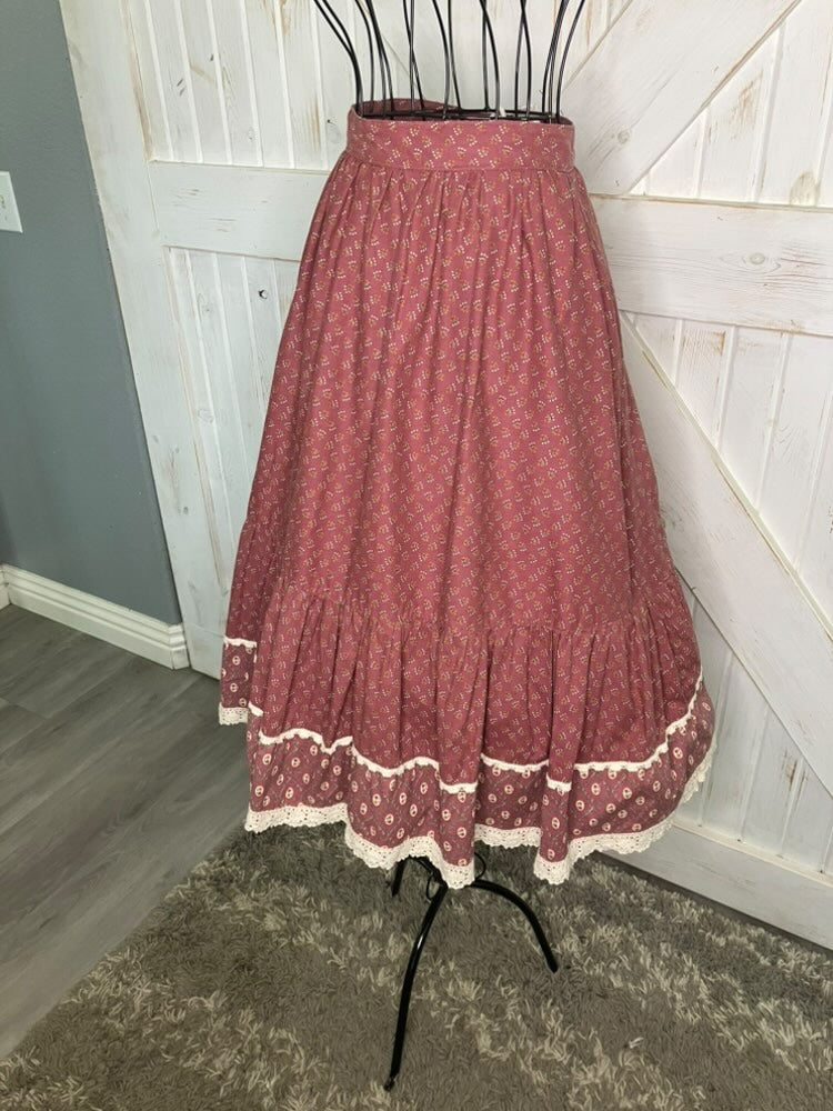 70's Vintage Gunne Sax Jessica's Gunnies Pink White Calico Prairie Midi Skirt 9 *ALTERED HEM