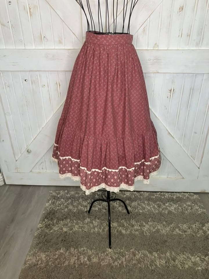 70's Vintage Gunne Sax Jessica's Gunnies Pink White Calico Prairie Midi Skirt 9 *ALTERED HEM