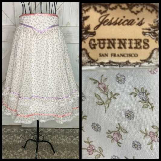 70's Vintage Gunne Sax Jessica's Gunnies White Purple Pink Green Calico Fairy Prairie Midi Skirt