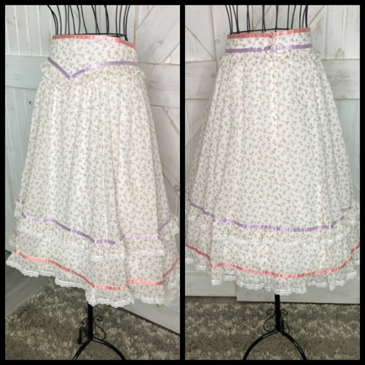 70's Vintage Gunne Sax Jessica's Gunnies White Purple Pink Green Calico Fairy Prairie Midi Skirt