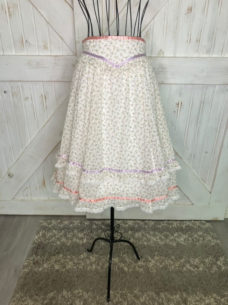 70's Vintage Gunne Sax Jessica's Gunnies White Purple Pink Green Calico Fairy Prairie Midi Skirt