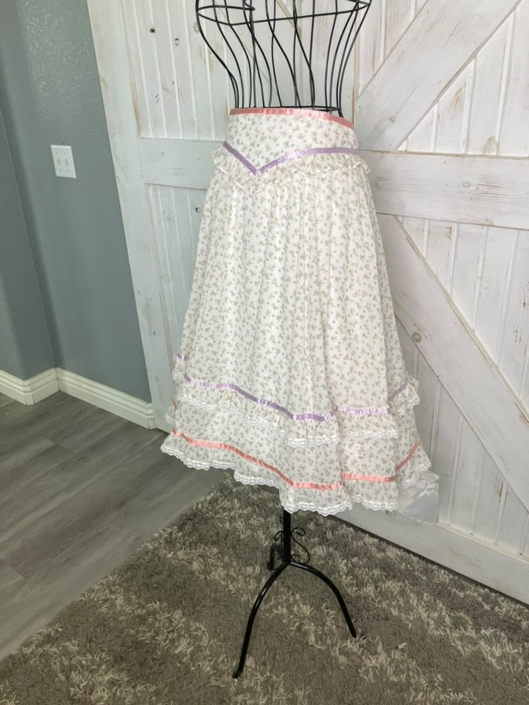 70's Vintage Gunne Sax Jessica's Gunnies White Purple Pink Green Calico Fairy Prairie Midi Skirt