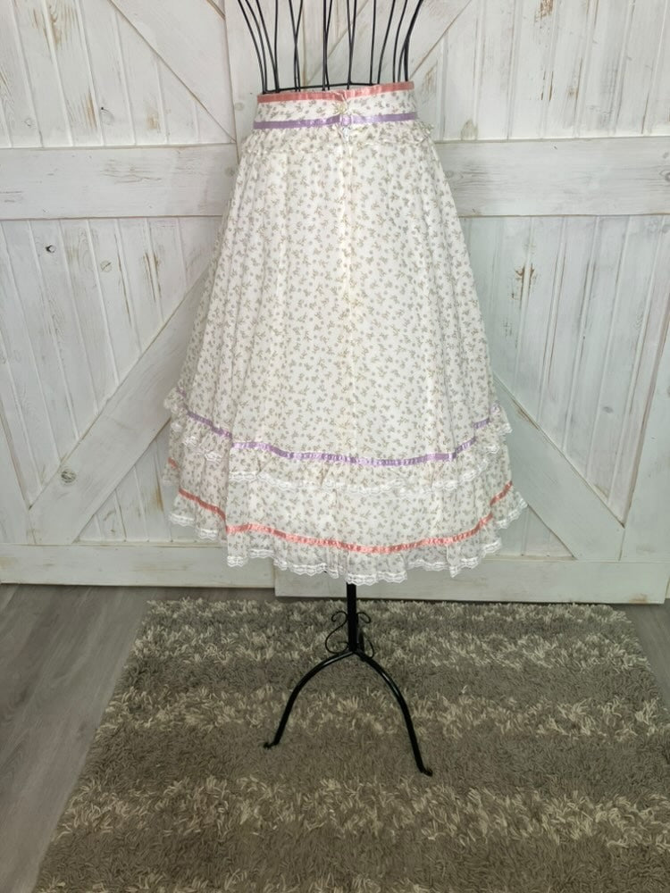 70's Vintage Gunne Sax Jessica's Gunnies White Purple Pink Green Calico Fairy Prairie Midi Skirt