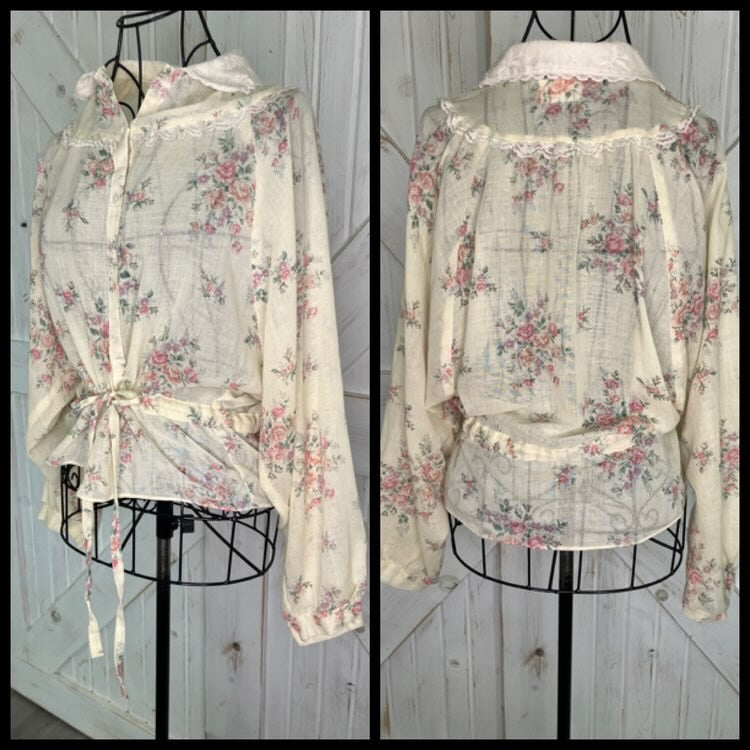 70's Vintage Gunne Sax Jessica's Gunnies Beige Pink Purple Green Calico Floral Blouse Top