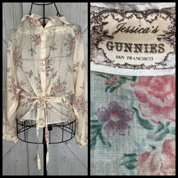 70's Vintage Gunne Sax Jessica's Gunnies Beige Pink Purple Green Calico Floral Blouse Top