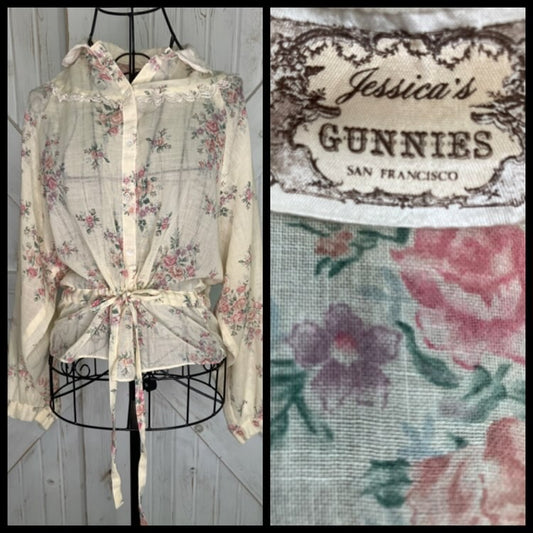 70's Vintage Gunne Sax Jessica's Gunnies Beige Pink Purple Green Calico Floral Blouse Top