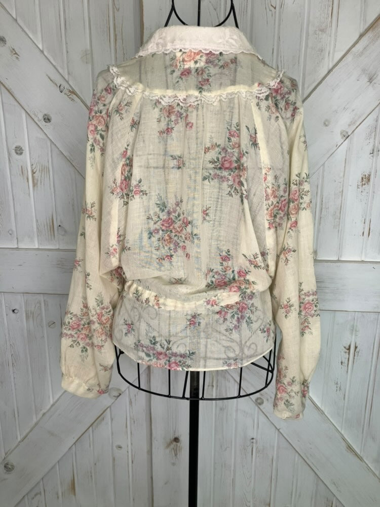 70's Vintage Gunne Sax Jessica's Gunnies Beige Pink Purple Green Calico Floral Blouse Top