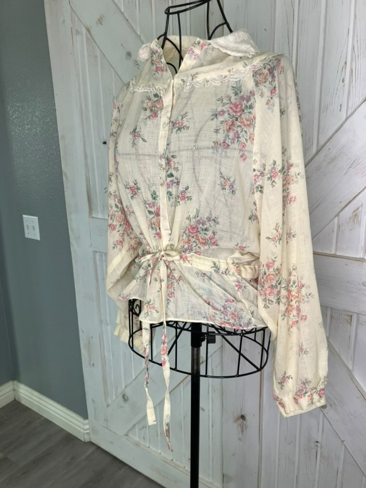70's Vintage Gunne Sax Jessica's Gunnies Beige Pink Purple Green Calico Floral Blouse Top
