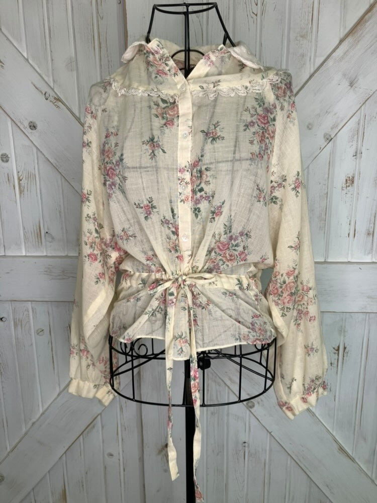 70's Vintage Gunne Sax Jessica's Gunnies Beige Pink Purple Green Calico Floral Blouse Top