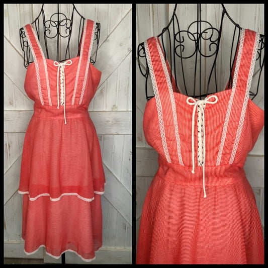 70's Vintage This is Yours San Francisco Red White Stripe Gunne Sax STYLE Prairie Corset Sundress Midi Dress