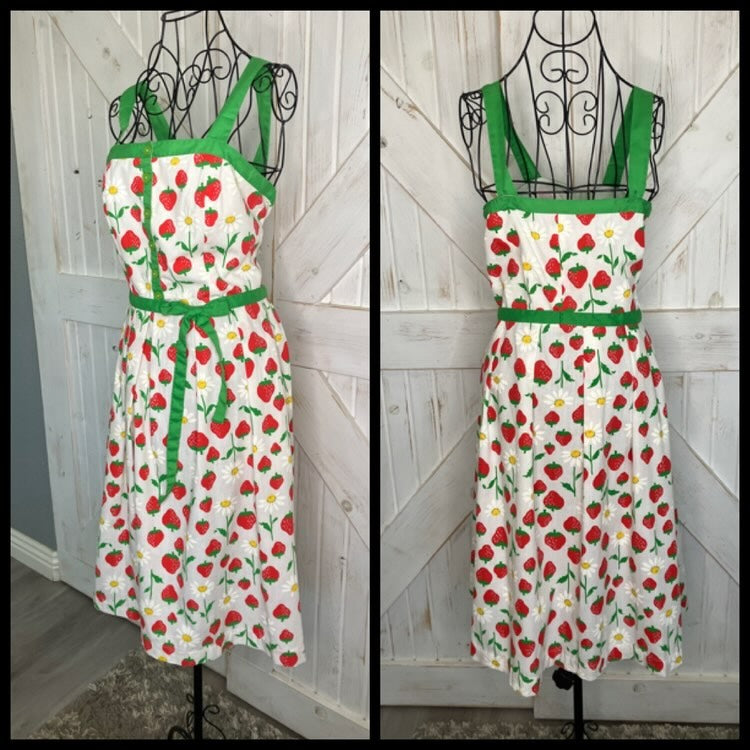 80's Vintage Jenni Strawberry Daisy Novelty Print Day Mini Midi Dress Sundress