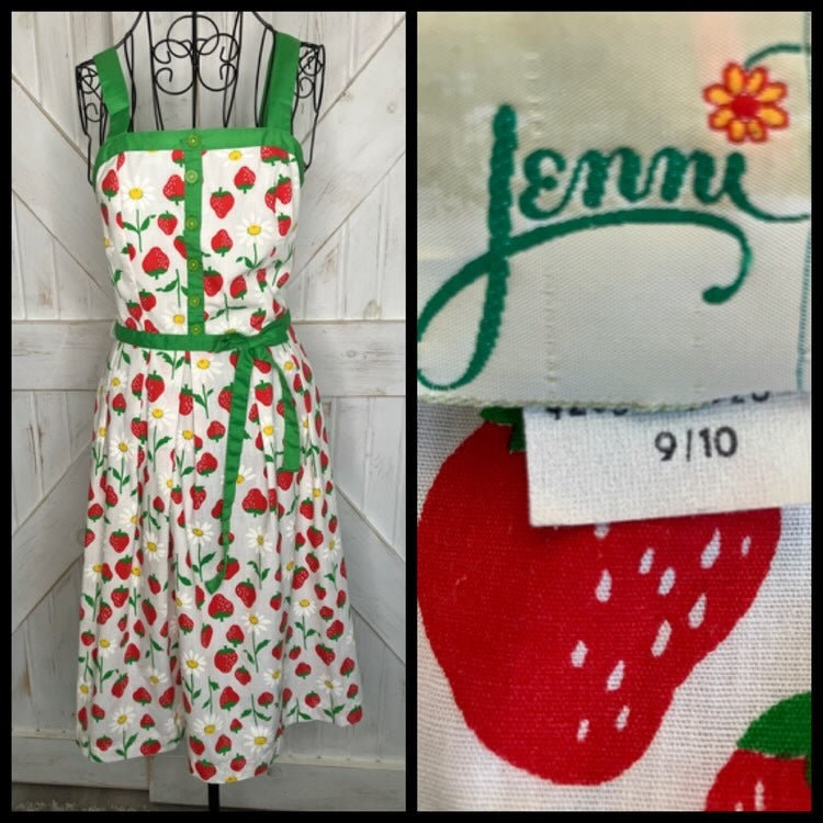 80's Vintage Jenni Strawberry Daisy Novelty Print Day Mini Midi Dress Sundress
