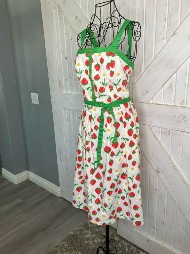 80's Vintage Jenni Strawberry Daisy Novelty Print Day Mini Midi Dress Sundress