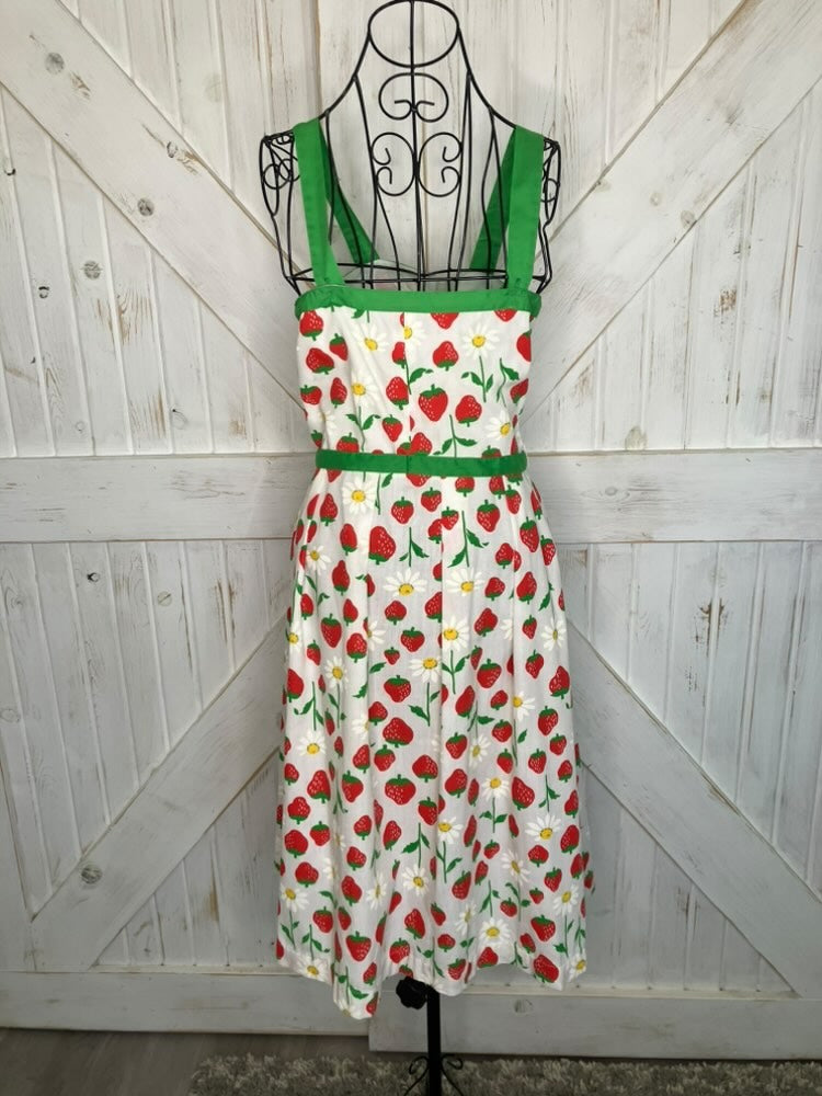 80's Vintage Jenni Strawberry Daisy Novelty Print Day Mini Midi Dress Sundress