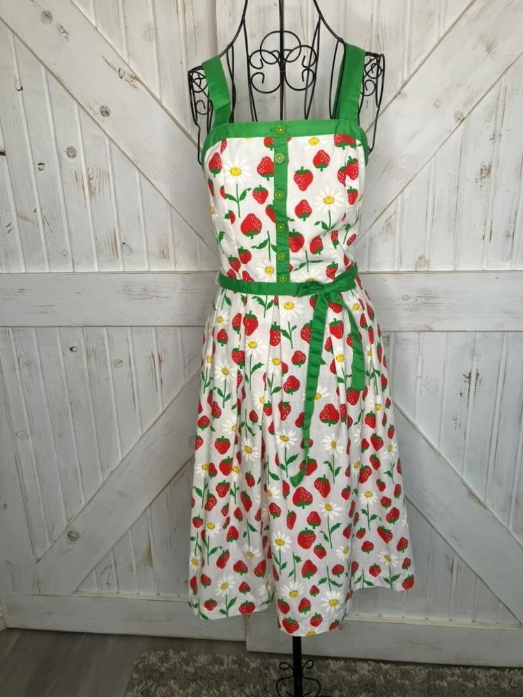 80's Vintage Jenni Strawberry Daisy Novelty Print Day Mini Midi Dress Sundress