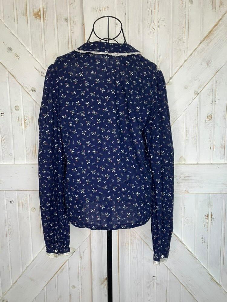 70's Vintage Gunne Sax Blue Red Green Calico White Lace Prairie Blouse Top 13