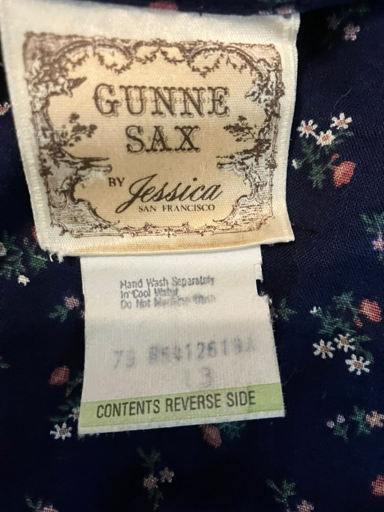 70's Vintage Gunne Sax Blue Red Green Calico White Lace Prairie Blouse Top 13