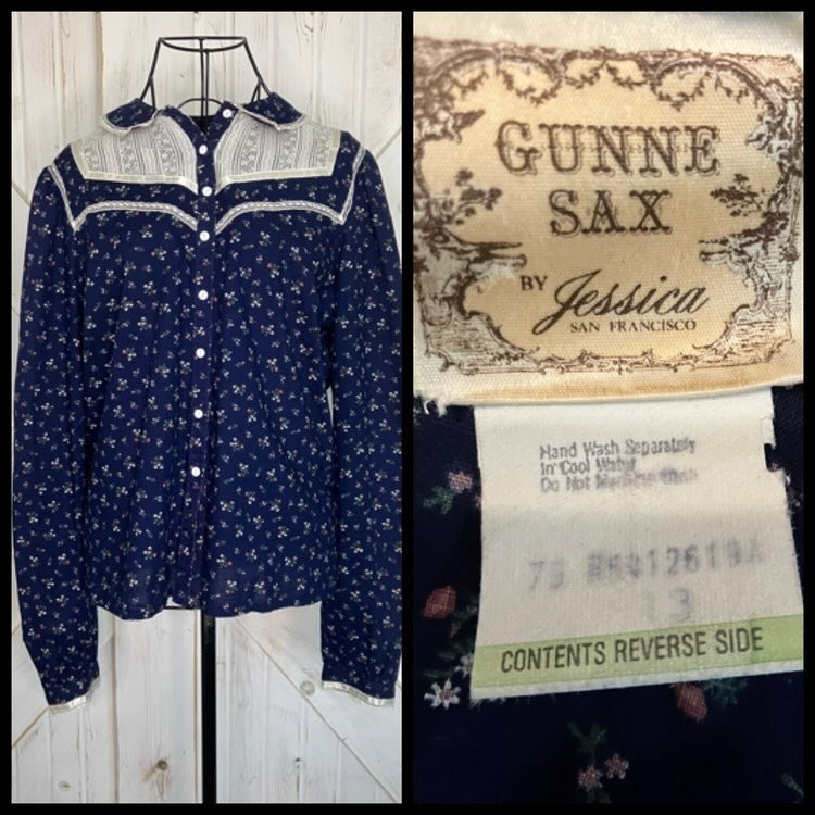 70's Vintage Gunne Sax Blue Red Green Calico White Lace Prairie Blouse Top 13