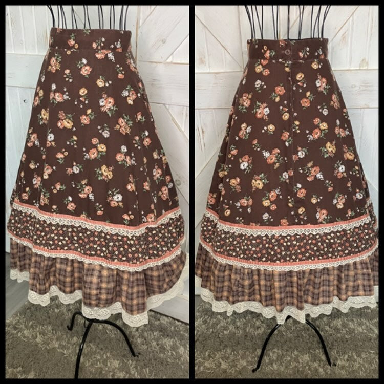 70's Vintage Homespun Co Ltd Homespinners Gunne Sax STYLE Brown Orange Calico Plaid Prairie Midi Skirt RARE