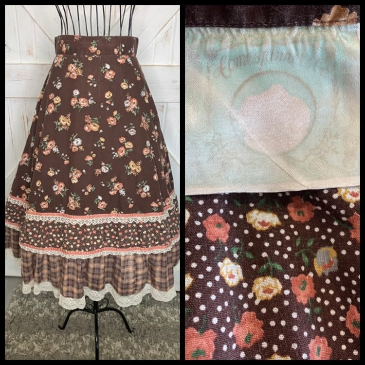 70's Vintage Homespun Co Ltd Homespinners Gunne Sax STYLE Brown Orange Calico Plaid Prairie Midi Skirt RARE