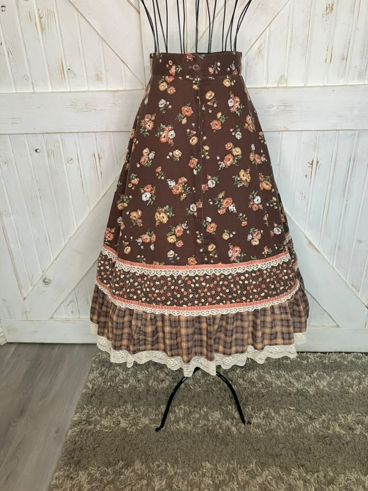 70's Vintage Homespun Co Ltd Homespinners Gunne Sax STYLE Brown Orange Calico Plaid Prairie Midi Skirt RARE