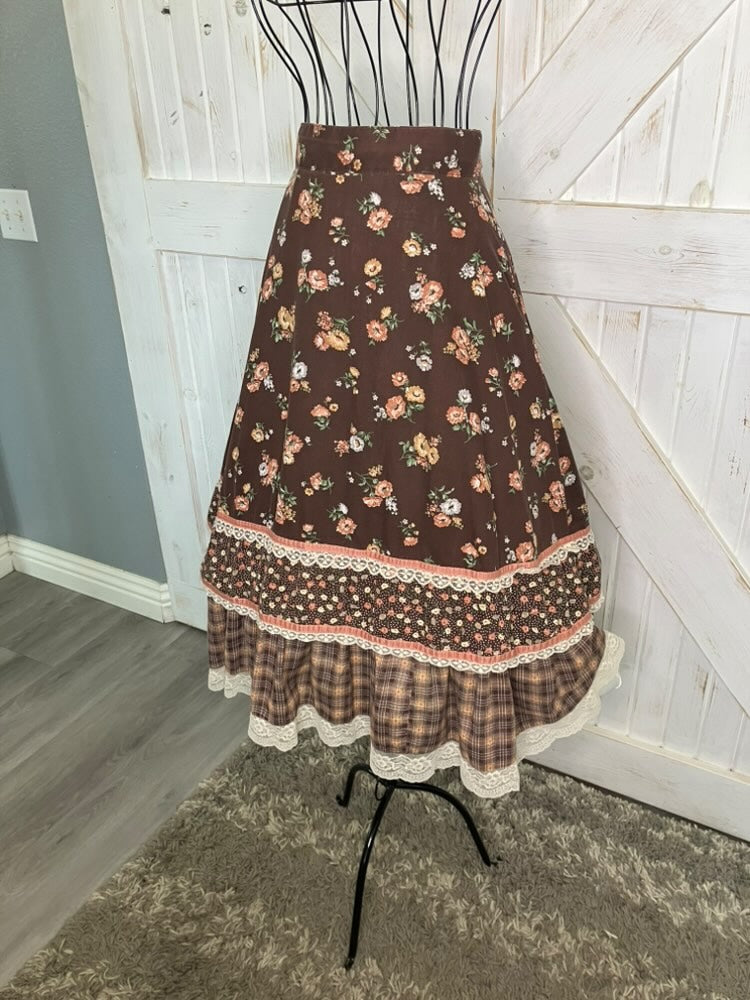 70's Vintage Homespun Co Ltd Homespinners Gunne Sax STYLE Brown Orange Calico Plaid Prairie Midi Skirt RARE