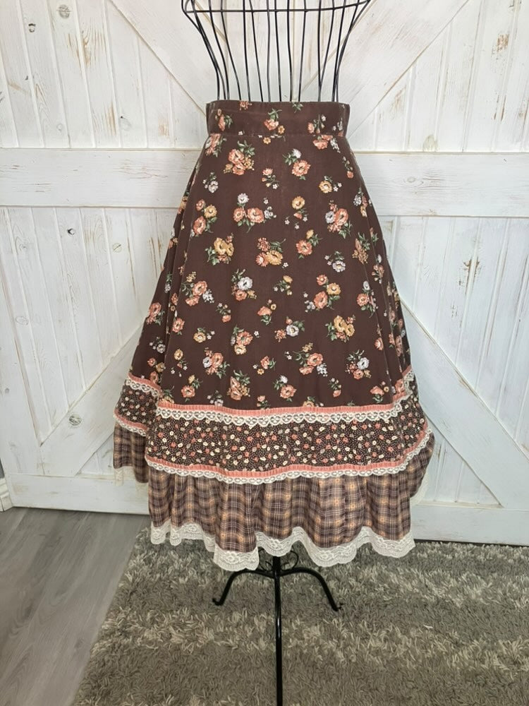 70's Vintage Homespun Co Ltd Homespinners Gunne Sax STYLE Brown Orange Calico Plaid Prairie Midi Skirt RARE