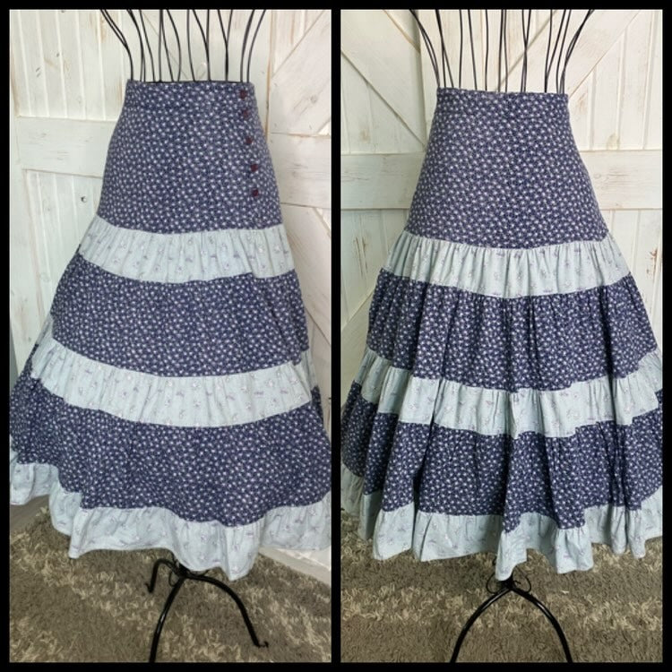 70's Vintage Gunne Sax Jessica's Gunnies Blue Purple Green Calico Stripe Side Button Prairie Midi Skirt