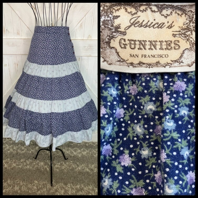 70's Vintage Gunne Sax Jessica's Gunnies Blue Purple Green Calico Stripe Side Button Prairie Midi Skirt