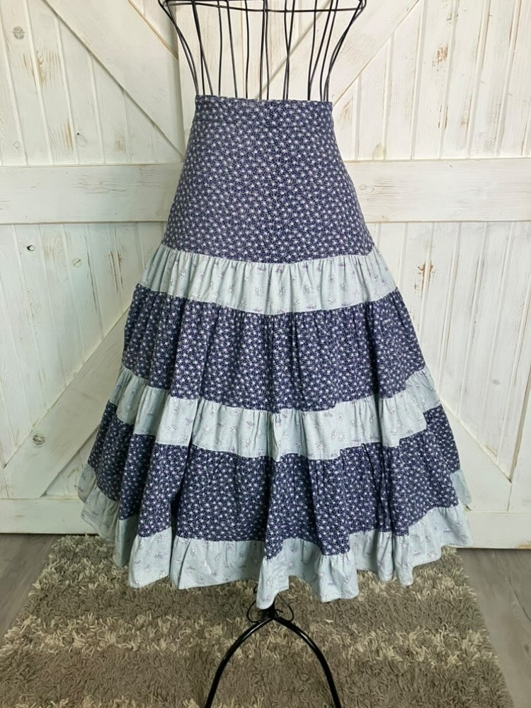 70's Vintage Gunne Sax Jessica's Gunnies Blue Purple Green Calico Stripe Side Button Prairie Midi Skirt