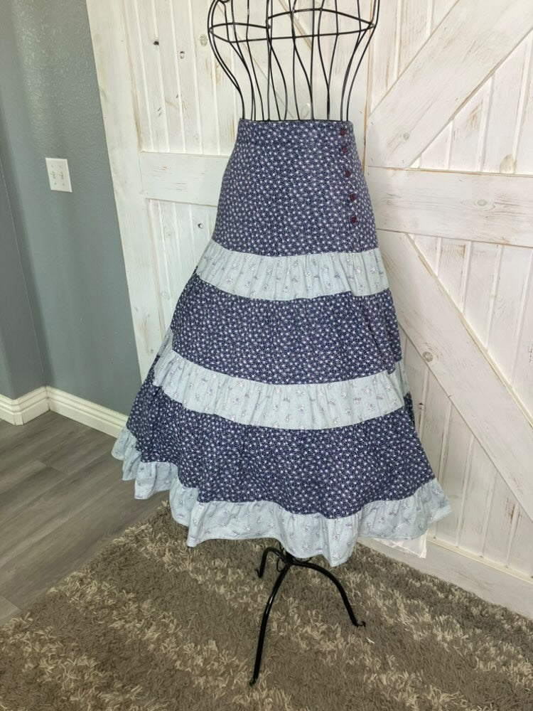 70's Vintage Gunne Sax Jessica's Gunnies Blue Purple Green Calico Stripe Side Button Prairie Midi Skirt