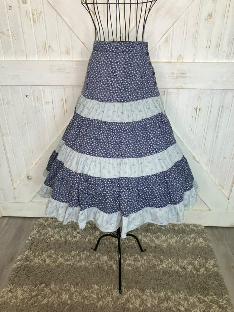 70's Vintage Gunne Sax Jessica's Gunnies Blue Purple Green Calico Stripe Side Button Prairie Midi Skirt