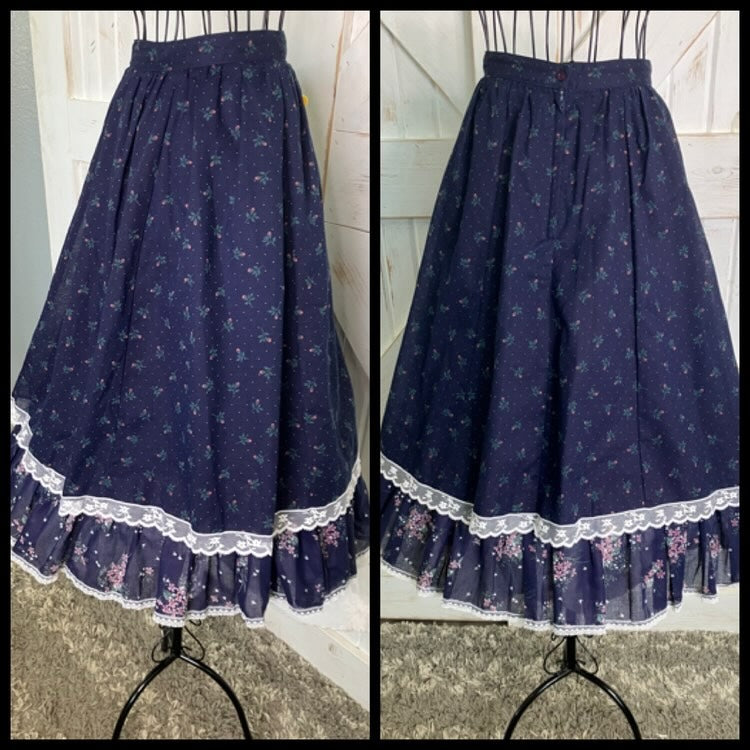70's Vintage Gunne Sax Jessica's Gunnies Navy Blue Red Green Rose Calico Prairie Midi Skirt 11