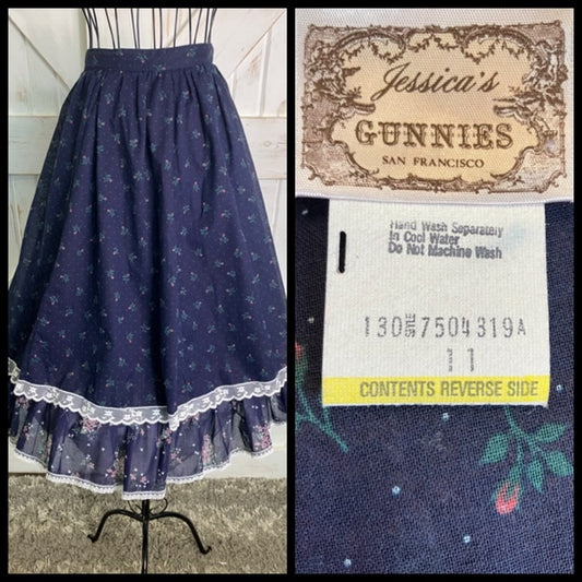 70's Vintage Gunne Sax Jessica's Gunnies Navy Blue Red Green Rose Calico Prairie Midi Skirt 11