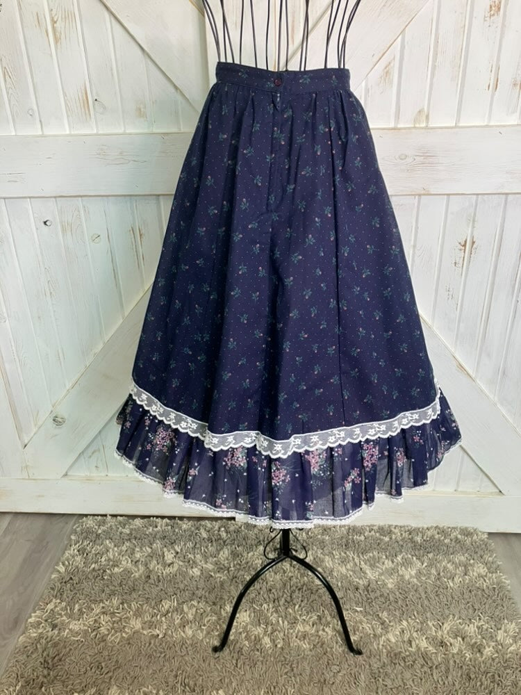 70's Vintage Gunne Sax Jessica's Gunnies Navy Blue Red Green Rose Calico Prairie Midi Skirt 11