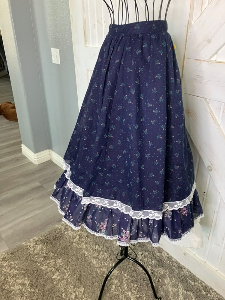 70's Vintage Gunne Sax Jessica's Gunnies Navy Blue Red Green Rose Calico Prairie Midi Skirt 11