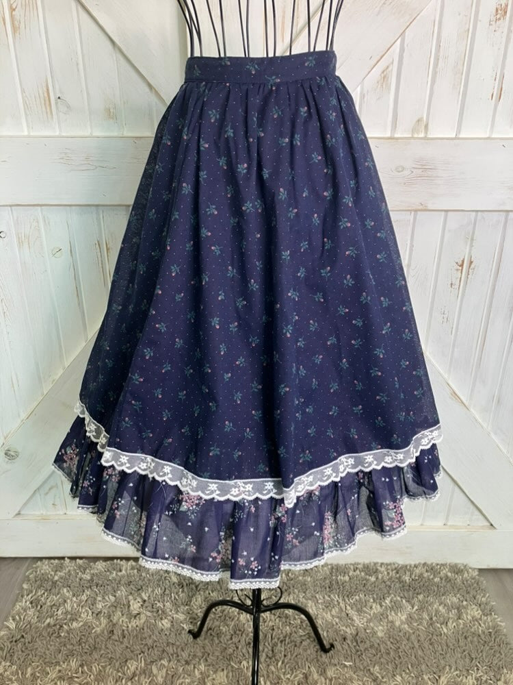 70's Vintage Gunne Sax Jessica's Gunnies Navy Blue Red Green Rose Calico Prairie Midi Skirt 11