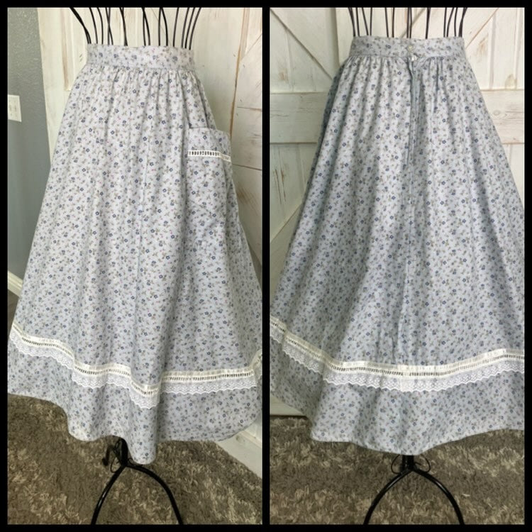 70's Vintage Gunne Sax Jessica's Gunnies Blue Pink White Calico Big Pocket Prairie Midi Skirt 13