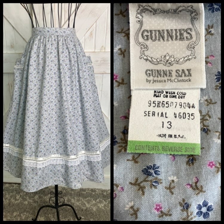 70's Vintage Gunne Sax Jessica's Gunnies Blue Pink White Calico Big Pocket Prairie Midi Skirt 13