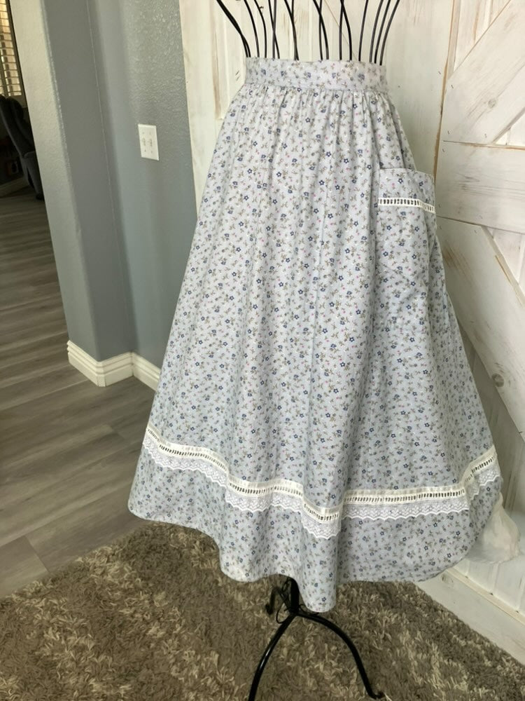 70's Vintage Gunne Sax Jessica's Gunnies Blue Pink White Calico Big Pocket Prairie Midi Skirt 13