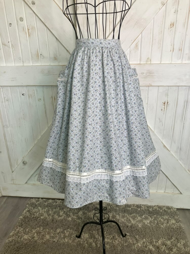70's Vintage Gunne Sax Jessica's Gunnies Blue Pink White Calico Big Pocket Prairie Midi Skirt 13