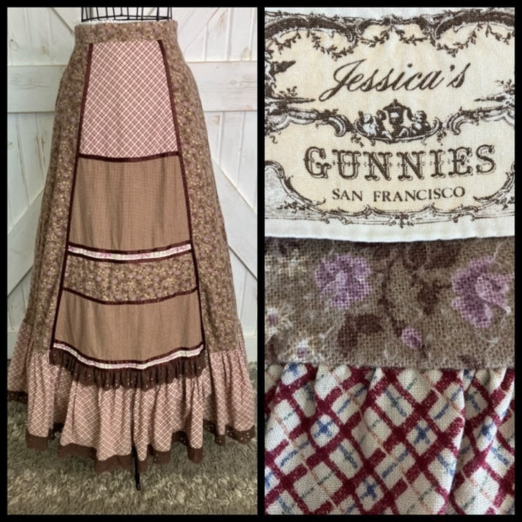 70's Vintage Gunne Sax Jessica's Gunnies Brown Purple Calico Plaid Patchwork Western Maxi Skirt