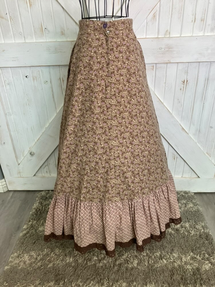 70's Vintage Gunne Sax Jessica's Gunnies Brown Purple Calico Plaid Patchwork Western Maxi Skirt