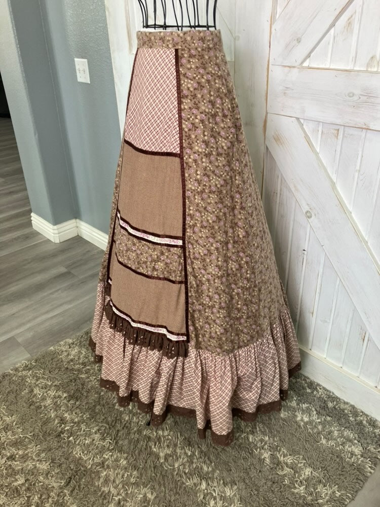 70's Vintage Gunne Sax Jessica's Gunnies Brown Purple Calico Plaid Patchwork Western Maxi Skirt