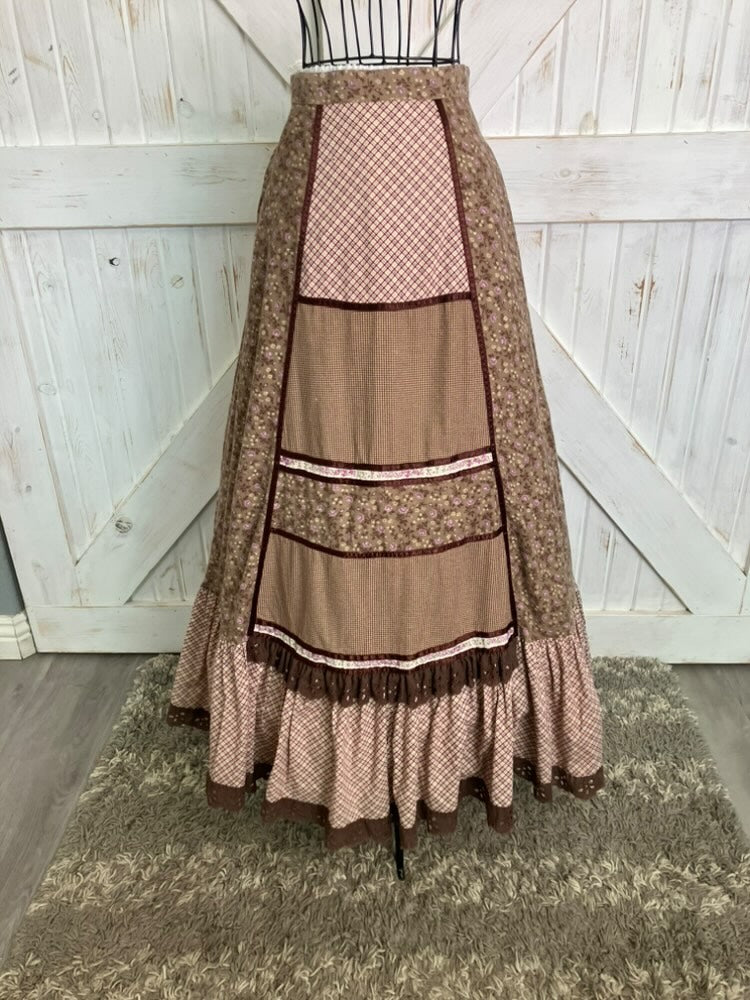 70's Vintage Gunne Sax Jessica's Gunnies Brown Purple Calico Plaid Patchwork Western Maxi Skirt