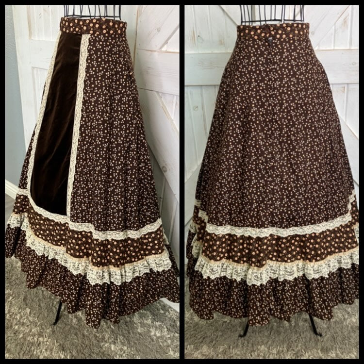 70's Vintage Gunne Sax Jessica's Gunnies Brown White Yellow Calico Velvet Prairie Maxi Skirt *HEMMED