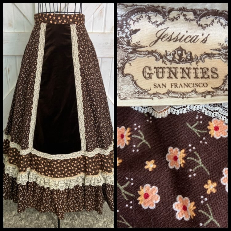 70's Vintage Gunne Sax Jessica's Gunnies Brown White Yellow Calico Velvet Prairie Maxi Skirt *HEMMED