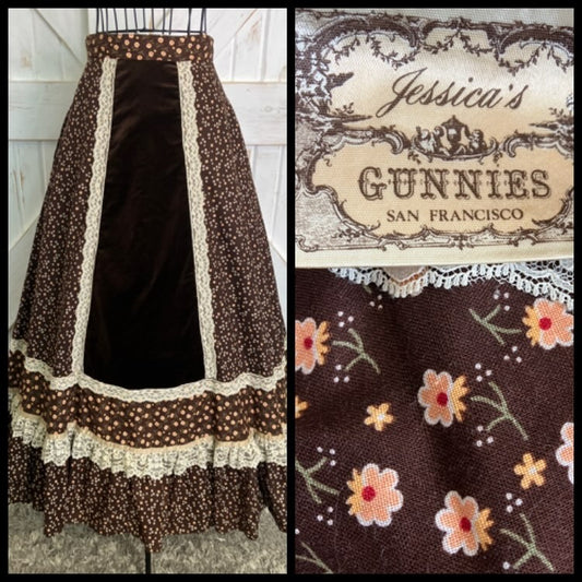 70's Vintage Gunne Sax Jessica's Gunnies Brown White Yellow Calico Velvet Prairie Maxi Skirt *HEMMED